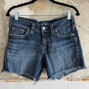 Y2K Western Mid Rise Cutoff Denim Shorts Raw Hem Medium Wash‎ Silver